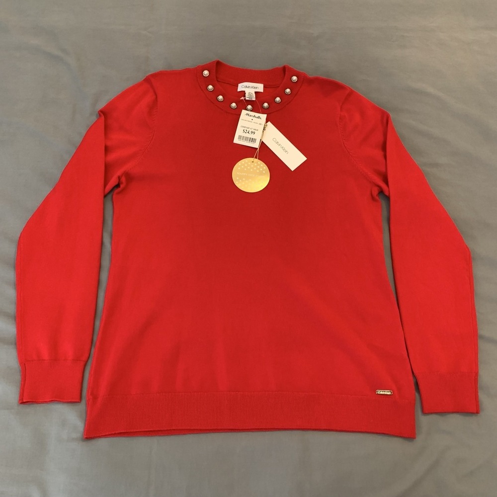 Calvin Klein Sweater Womens Medium Red Embellished Crewneck Holiday